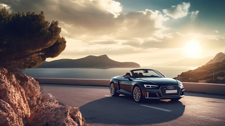 Cabrio fährt auf einer Strasse in Ibiza mit Meer im Hintergrund